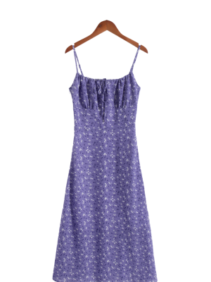 Elastic Floral Print Spaghetti Strap Dress – Summer Short Style