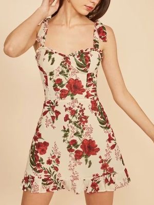 Floral Print Lace-Up Strap Casual Dress