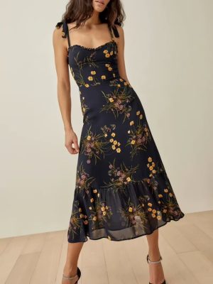 Fairycore Floral Cami Dress – French-Inspired Black Midi