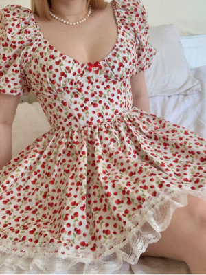 Strawberry Print Slim A-Line Dress Women