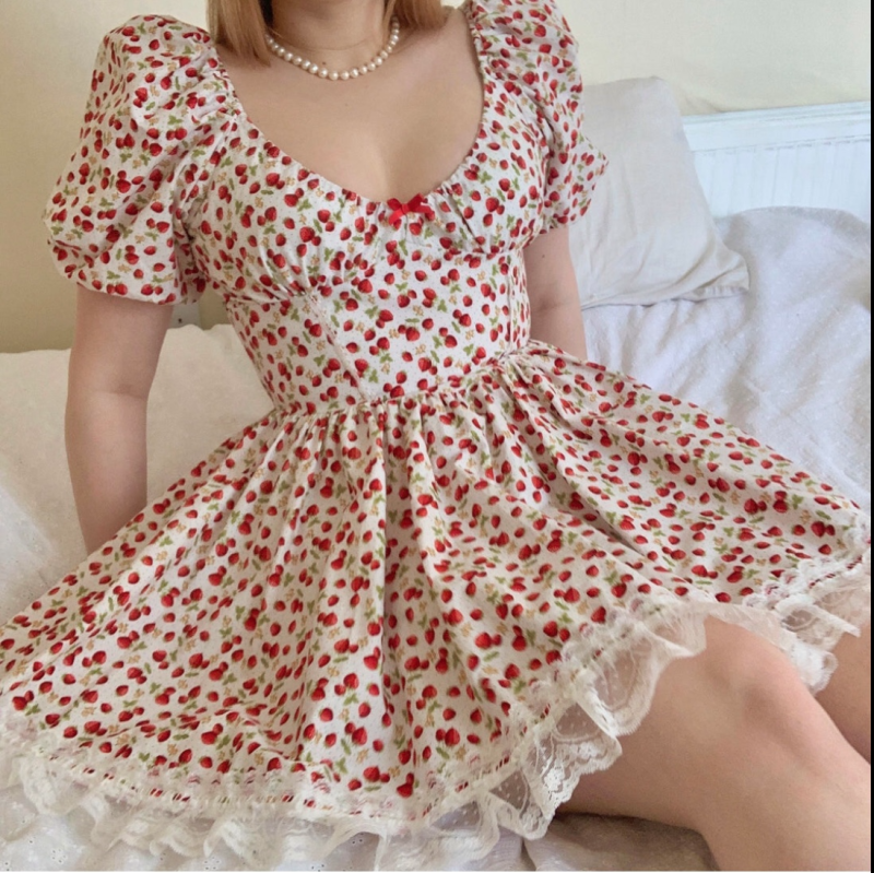 Strawberry Print Slim A-Line Dress Women