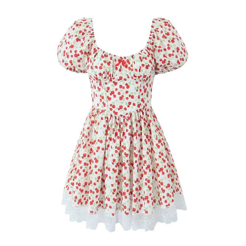 Strawberry Print Slim A-Line Dress Women - Image 2