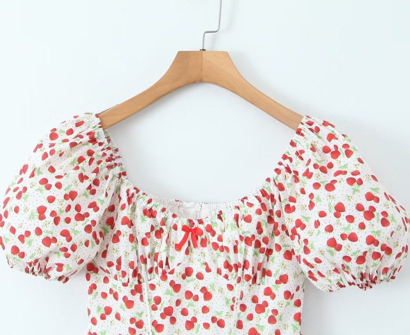 Strawberry Print Slim A-Line Dress Women - Image 4