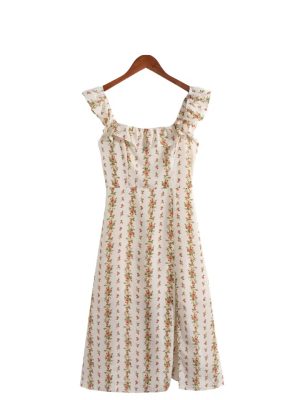 French Vintage Floral Split Lace Dress Women