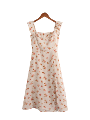 French Floral Ruffled Collar Split Summer Dress