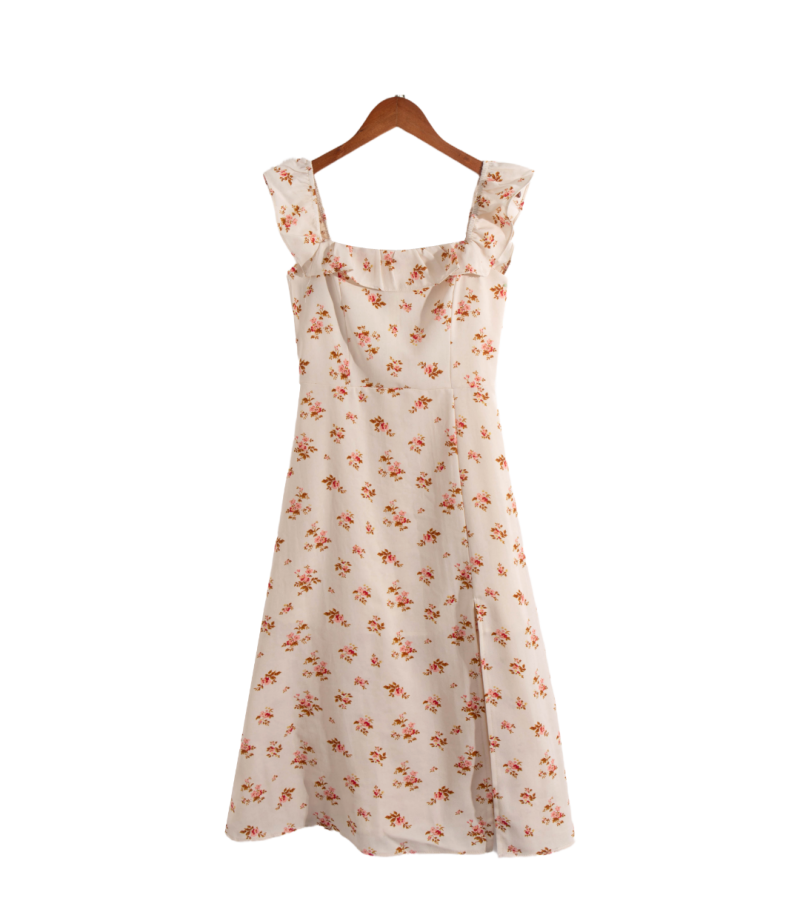 French Floral Ruffled Collar Split Summer Dress