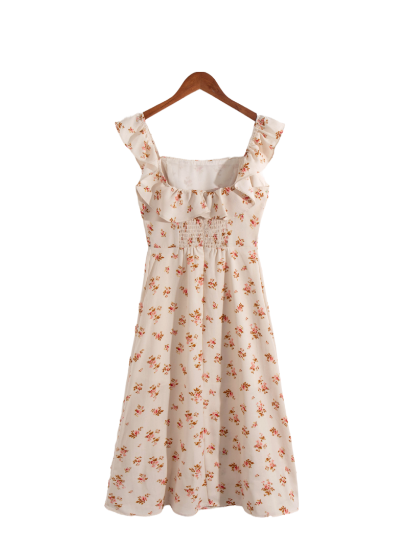 French Floral Ruffled Collar Split Summer Dress - Image 2