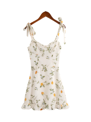 Lemon Yellow Floral Lace-Up Spring Dress