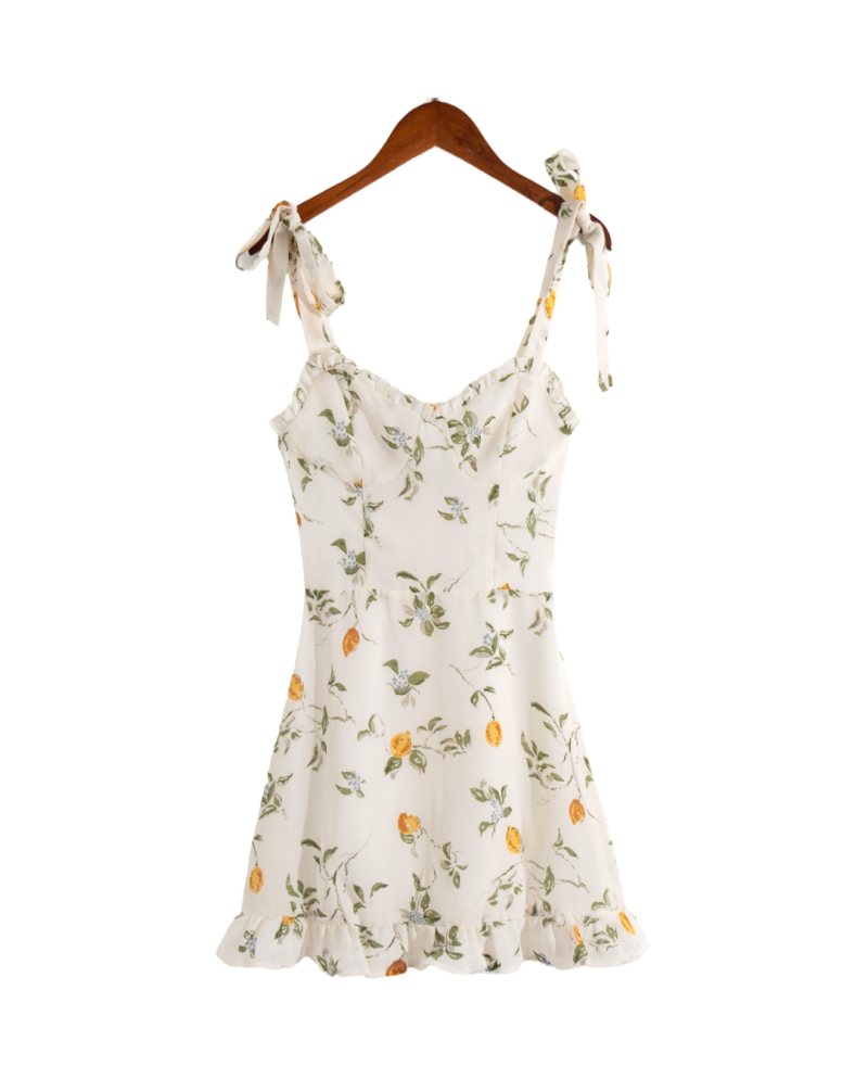 Lemon Yellow Floral Lace-Up Spring Dress