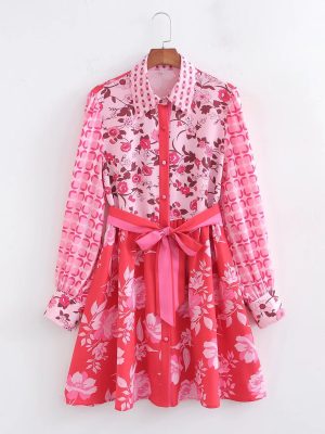 Printed Collared Single-Breasted Belted Dress Women