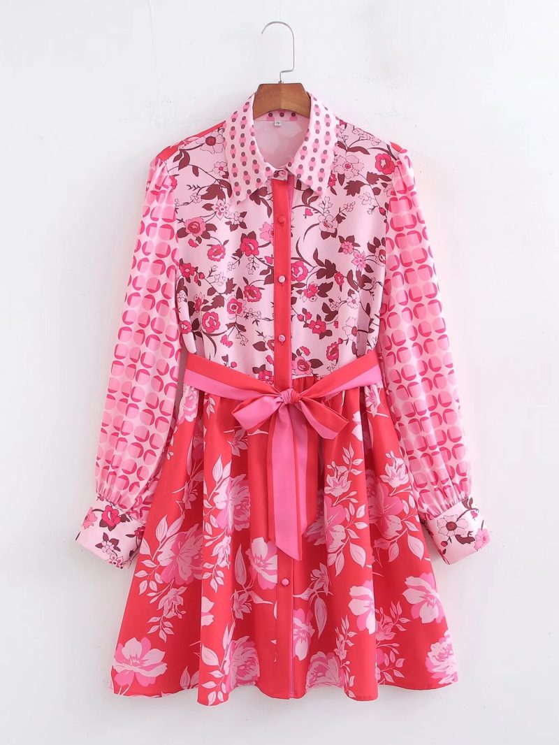 Printed Collared Single-Breasted Belted Dress Women