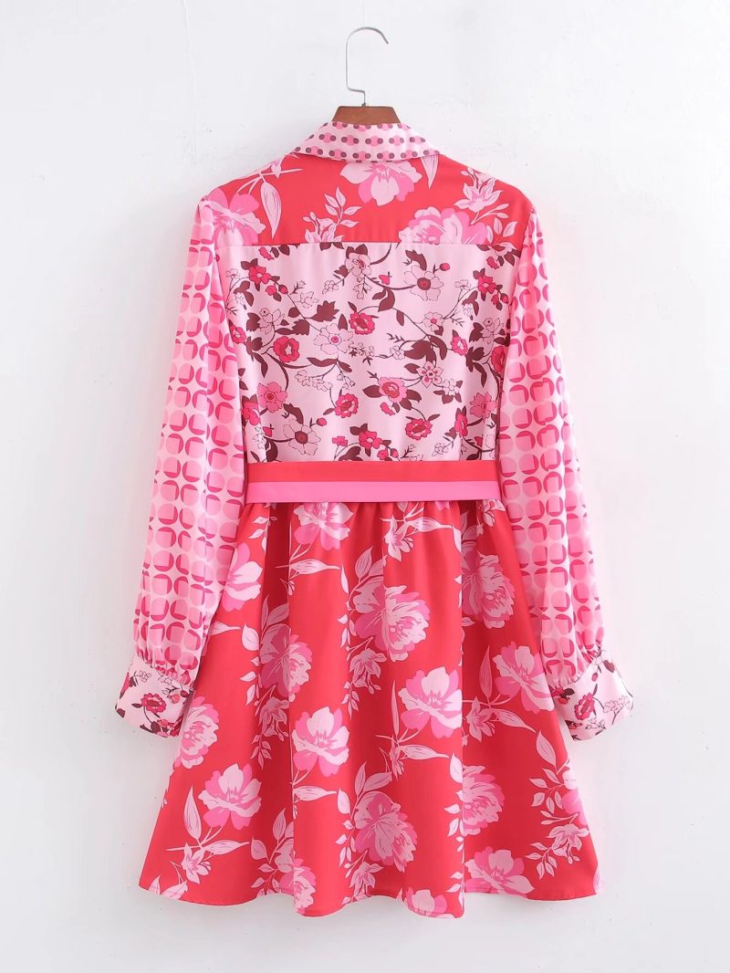 Printed Collared Single-Breasted Belted Dress Women - Image 2