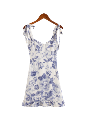 Blue Porcelain Print Lace-Up Autumn Dress