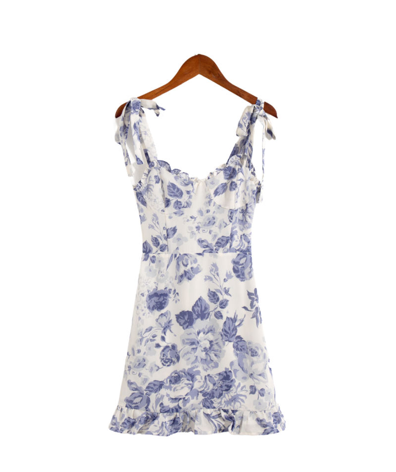 Blue Porcelain Print Lace-Up Autumn Dress