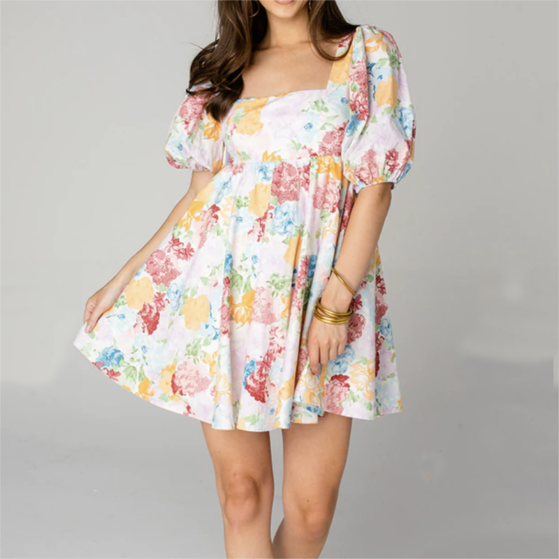 Square Neck Winter Dress – Printed Long Sleeve