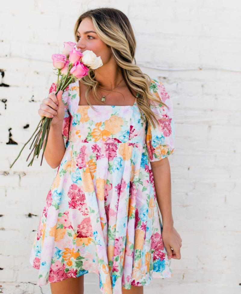 Square Neck Winter Dress – Printed Long Sleeve - Image 2