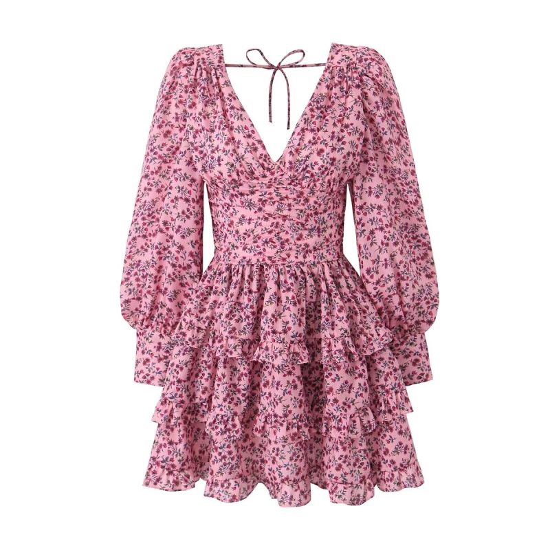 Romantic Backless V-Neck Printed Spring Dress - Image 2