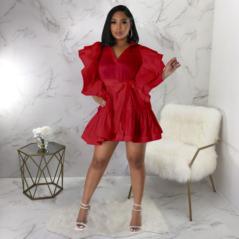 Satin Solid Color V-Neck A-Line Dress