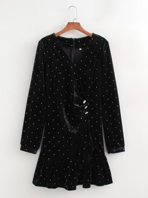 Shiny Silver Velvet V-Neck Black Dress