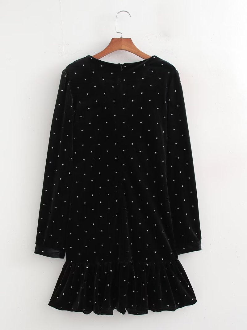 Shiny Silver Velvet V-Neck Black Dress - Image 2