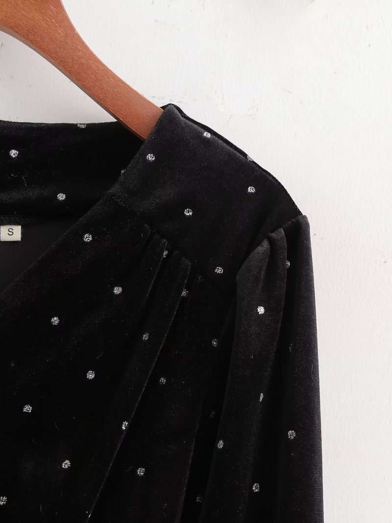 Shiny Silver Velvet V-Neck Black Dress - Image 3
