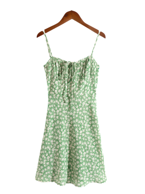 Spring Pastoral Slip Dress – Printed High Waist French Charm