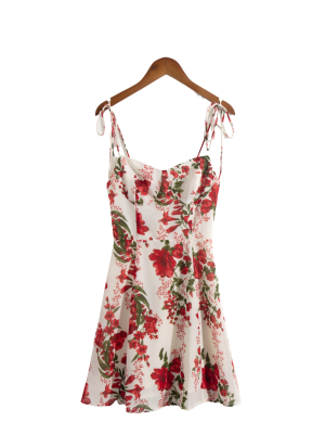 Vintage-Inspired Red Floral Dress with V-Neck and Tie Straps