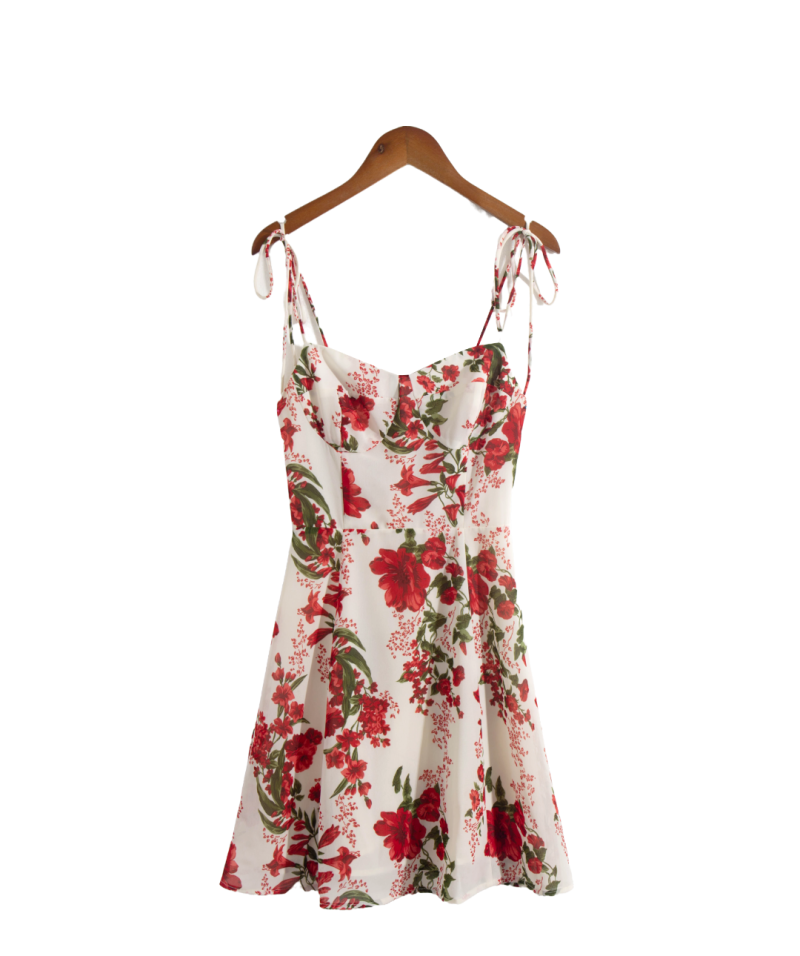 Vintage-Inspired Red Floral Dress with V-Neck and Tie Straps