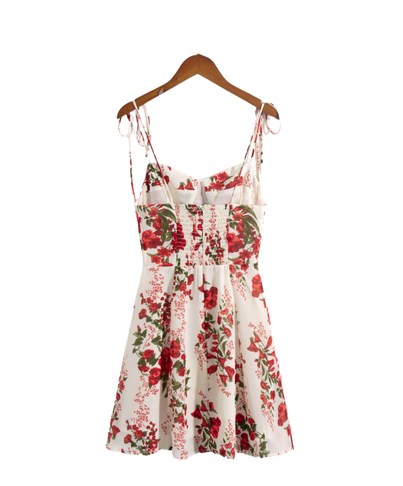 Vintage-Inspired Red Floral Dress with V-Neck and Tie Straps - Image 2
