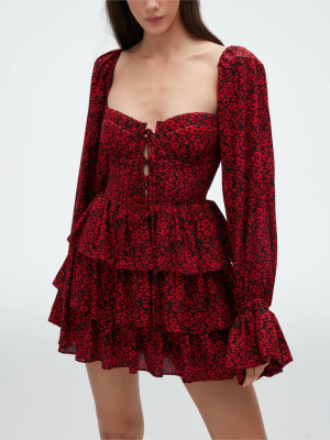 Red Floral French Bubble Sleeve Summer Dress