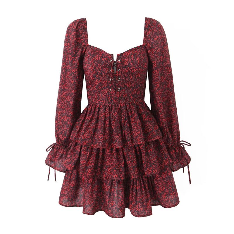 Red Floral French Bubble Sleeve Summer Dress - Image 2
