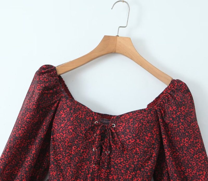 Red Floral French Bubble Sleeve Summer Dress - Image 3