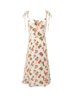 Beige Cherry Print Lace-Up Spring Dress