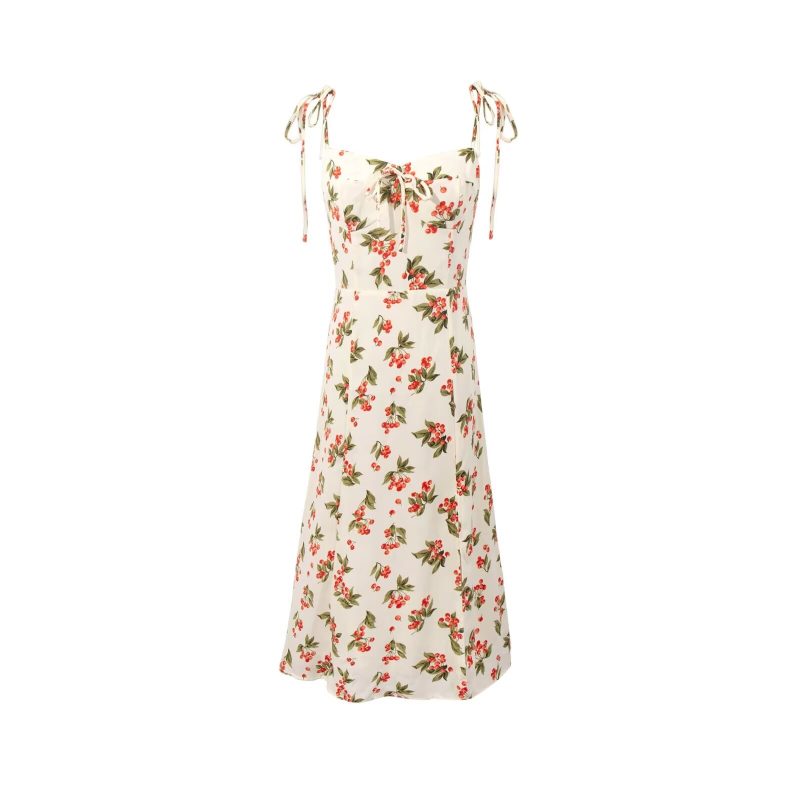 Beige Cherry Print Lace-Up Spring Dress