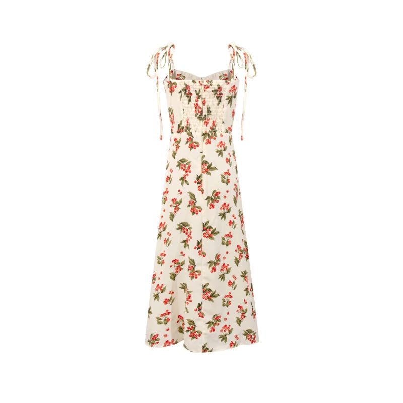 Beige Cherry Print Lace-Up Spring Dress - Image 2