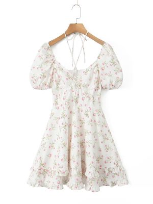 Lace Up Printed Waist Slimming Short Dress