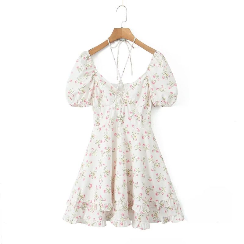 Lace Up Printed Waist Slimming Short Dress
