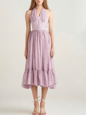 French Girl Purple Floral Halter Dress