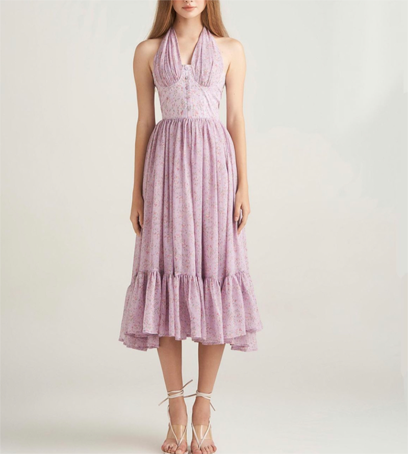 French Girl Purple Floral Halter Dress