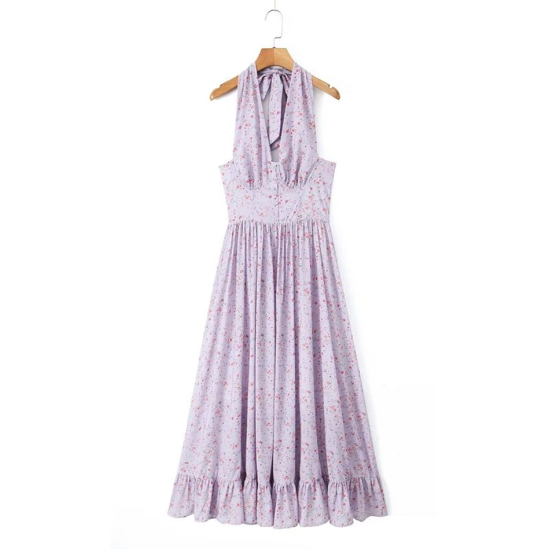 French Girl Purple Floral Halter Dress - Image 2