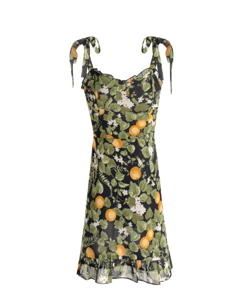 Lemon Print Slim Fit V-Neck Vacation Dress