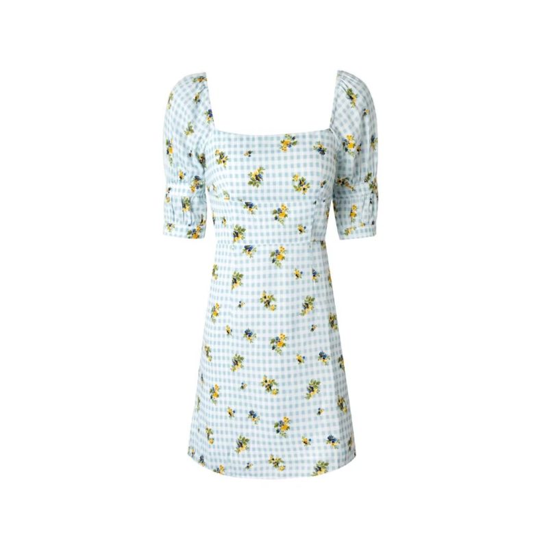 French Puff Sleeve Plaid Midi Holiday Dress