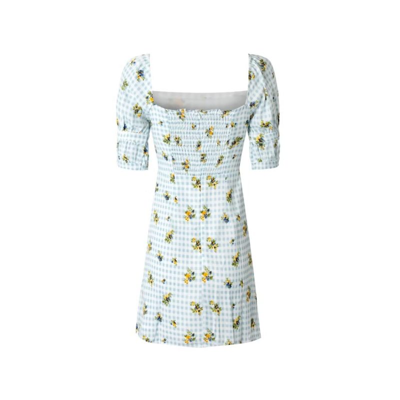French Puff Sleeve Plaid Midi Holiday Dress - Image 2