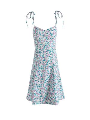 Rose Print V-Neck Backless Strap Dress