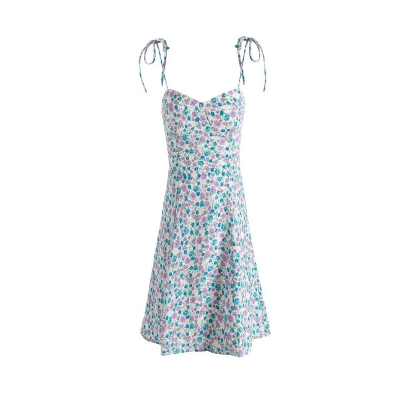 Rose Print V-Neck Backless Strap Dress