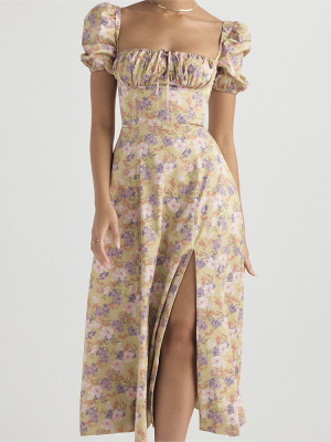 French Puff Sleeve Corset Slit Long Dress