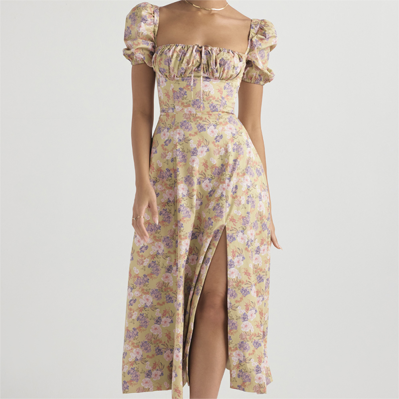 French Puff Sleeve Corset Slit Long Dress