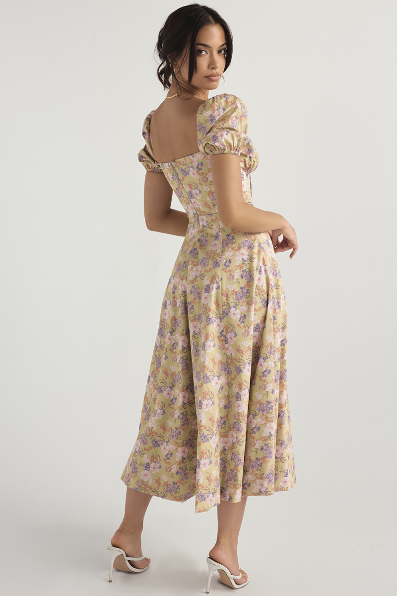 French Puff Sleeve Corset Slit Long Dress - Image 2