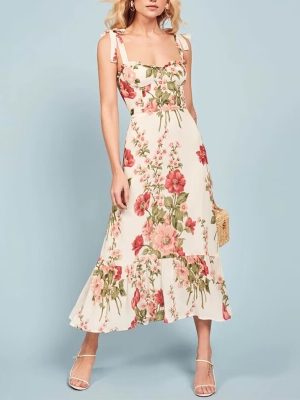 Spring Retro Floral Lace-Up Cami Dress