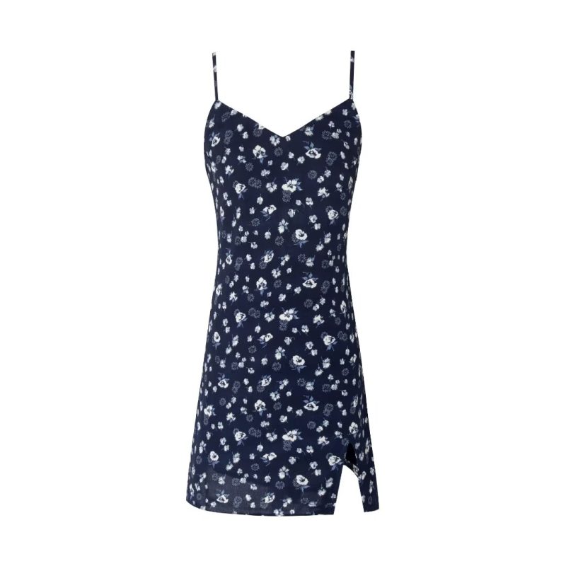 French Floral Split Dress with Black Base – Early Spring Style